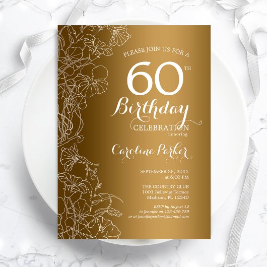 Invitation Golden Floral 60e fête d'anniversaire