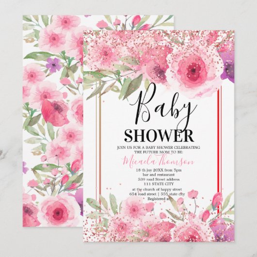 Invitation Golden floral cake for baby shower (Devant / Derrière)