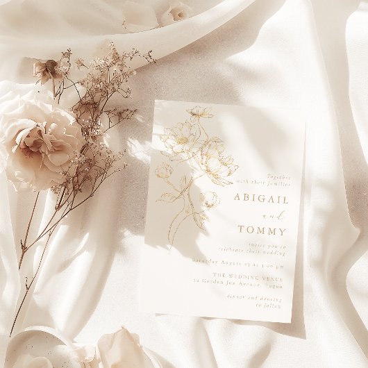Invitation Golden Flowers Classic Modern Wedding