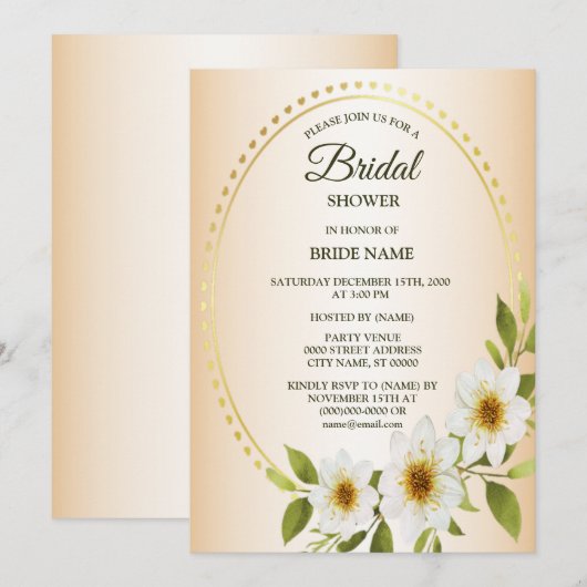 Invitation Golden Frame White Floral Peach Bridal Shower (Devant / Derrière)