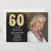Invitation Golden Glitter "Hello 60" Photo Birthday Women (Devant)