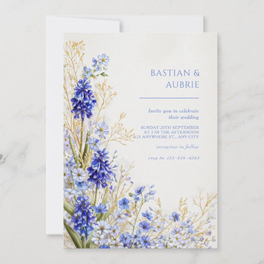 Invitation Golden Grass Blue Muscari Botanical Spray Wedding (Devant)