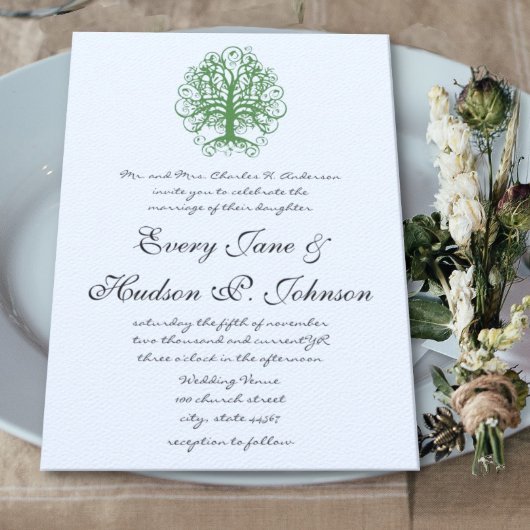 Invitation Golden Green Swirl Arbre Roots of Love Mariage Inv