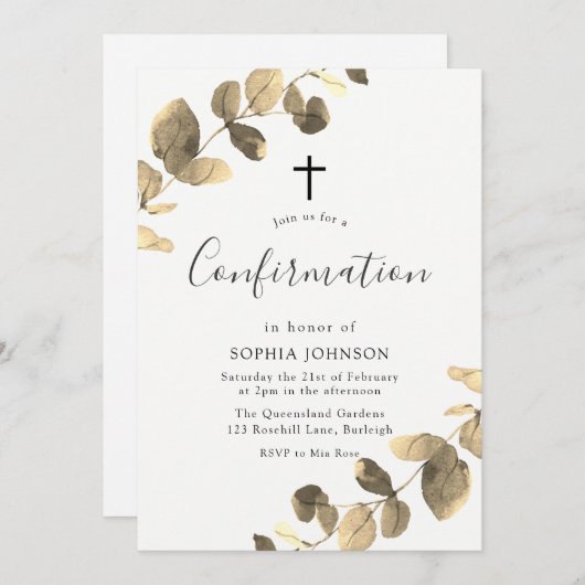 Invitation Golden Leaf Religious Celebration Confirmation Inv (Devant / Derrière)