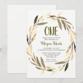 Invitation Golden Leaf Wreath 1er anniversaire garçon ou fill (Devant / Derrière)