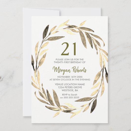 Invitation Golden Leaf Wreath 21e anniversaire de fête Invita (Devant)