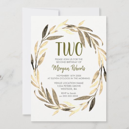 Invitation Golden Leaf Wreath 2e anniversaire garçon ou fille (Devant)
