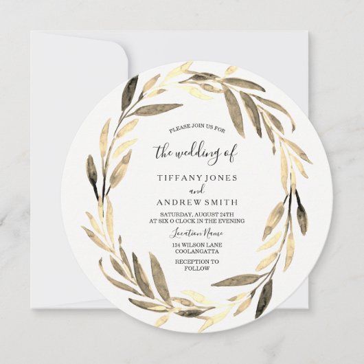 Invitation Golden Leaf Wreath Mariage élégant (Devant)