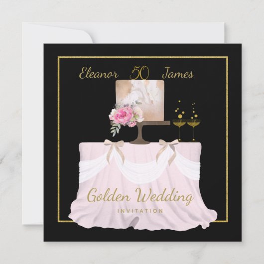 Invitation Golden Mariage 50 ans Cake Names Black Gold (Devant)