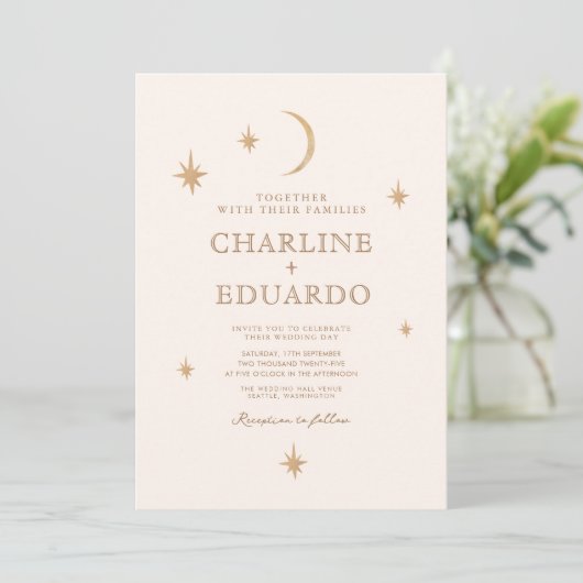 Invitation Golden Moon Celestial Boho Mariage Qr Code (Debout devant)