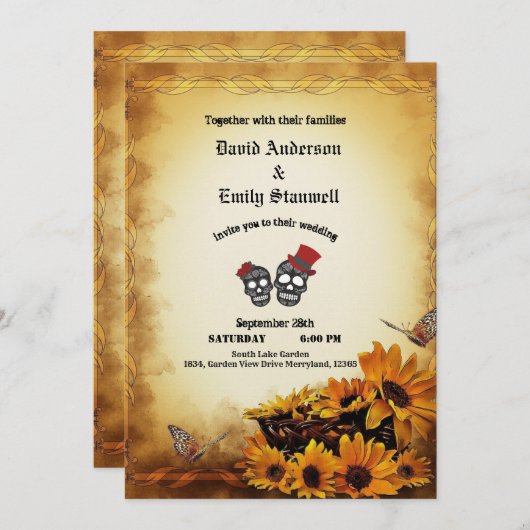 Invitation Golden Orange Gothique Tournesol Mariage d'Hallowe (Devant / Derrière)