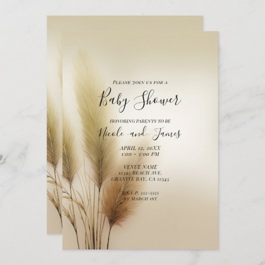 Invitation Golden Pampas Grass Bohemian Baby shower Boho (Devant / Derrière)