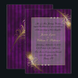 Invitation Golden Peacock Feathers & Pearls Mariage<br><div class="desc">Elégante invitation de mariage faite dans un riche mauve sur motif rayé mauve, avec une tonalité or encadré semi-transparent zone de texte, au milieu. De beaux graphismes de plumes de paon de couleur or ornent le haut et le bas droit gauche de l'invitation, avec des accents de perles à l'aspect...</div>