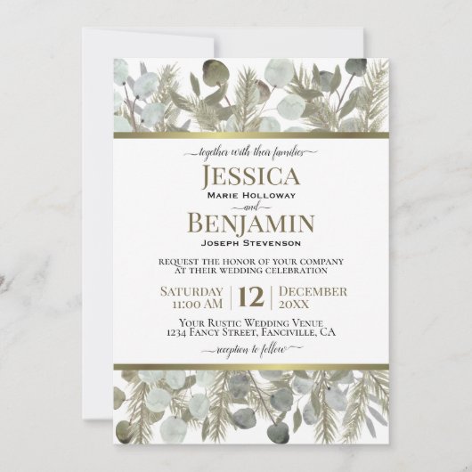 Invitation Golden Pine & Eucalyptus Rustique Mariage d'hiver (Devant)