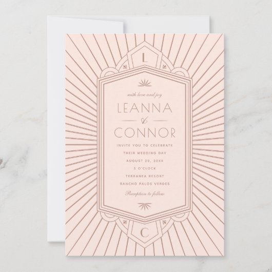 Invitation Golden Rays Initials Rose Gold Art Deco Wedding (Devant)