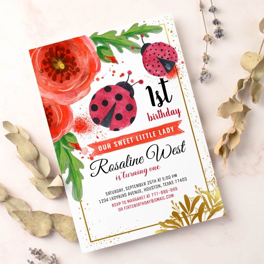 Invitation Golden Red Ladybug Aquarelle Premier anniversaire