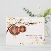 Invitation Golden Red Lanterns Cherry Tree Fu Mariage chinois (Debout devant)