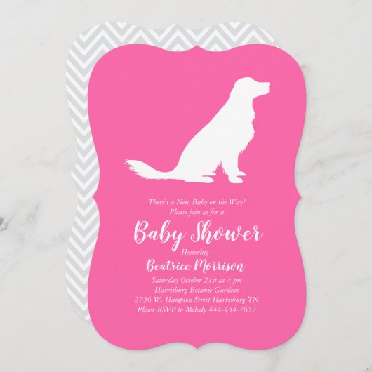 Invitation Golden Retriever Baby shower chien Français Rose f (Devant / Derrière)