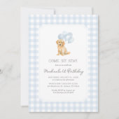 Invitation Golden Retriever Blue En vichy Anniversaire (Devant)
