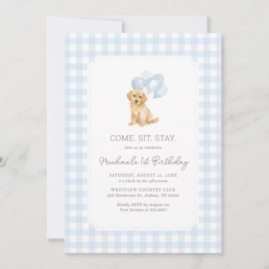 Invitation Golden Retriever Blue En vichy Anniversaire (Devant)