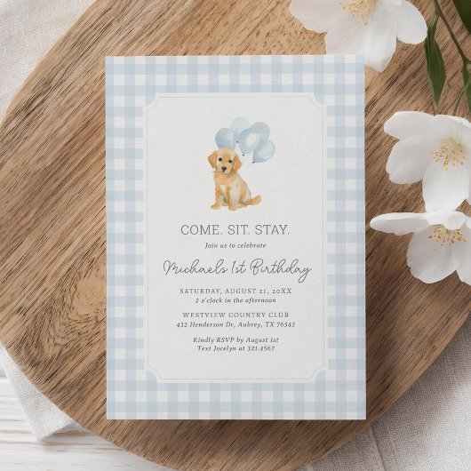 Invitation Golden Retriever Blue En vichy Anniversaire