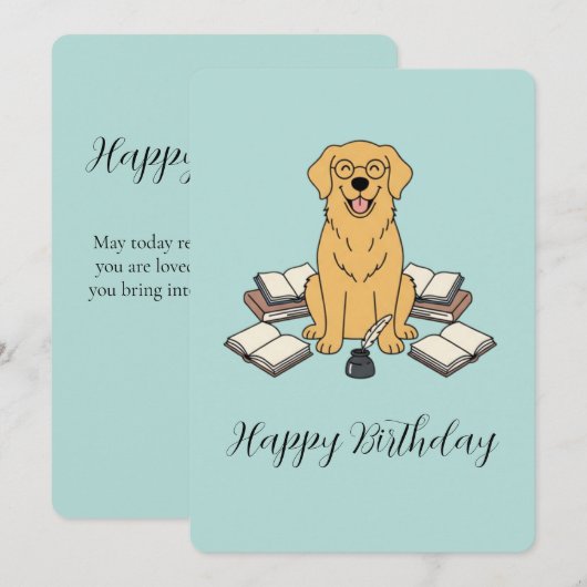 Invitation Golden Retriever Bookworm Opal Birthday Greeting (Devant / Derrière)