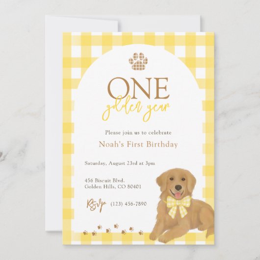 Invitation Golden Retriever Jaune En vichy premier anniversai (Devant)
