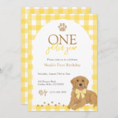 Invitation Golden Retriever Jaune En vichy premier anniversai (Devant / Derrière)