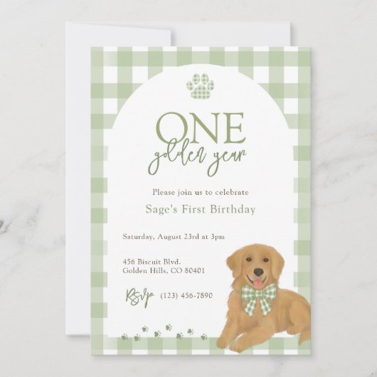 Invitation Golden Retriever Première fête d'anniversaire Vert (Devant)