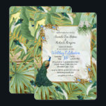 Invitation Golden Royal Peacock Feathers<br><div class="desc">Plumes de paons royaux blancs et bleu-vert sur un arrière - plan plante tropical parsemé de plumes d'or exotique pour une collection mariage ou comme décor design</div>