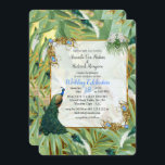 Invitation Golden Royal Peacock Feathers<br><div class="desc">Plumes de paons royaux blancs et bleu-vert sur un arrière - plan plante tropical parsemé de plumes d'or exotique pour une collection mariage ou comme décor design</div>