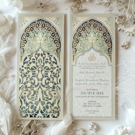 Invitation Golden Sage Elegance Mariage de l'arc islamique