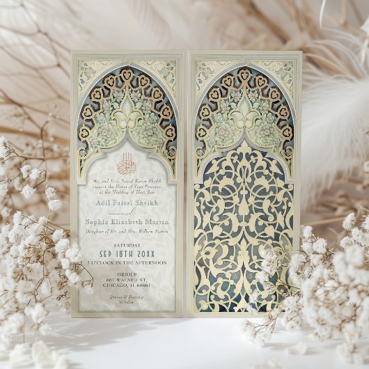 Invitation Golden Sage Elegance Mariage de l'arc islamique