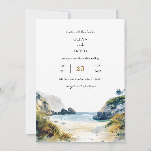 Invitation Golden Sand Tropical Palms Beach Cove Art Mariage (Devant)