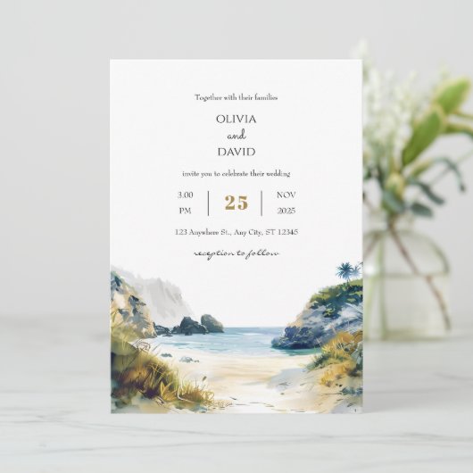 Invitation Golden Sand Tropical Palms Beach Cove Art Mariage (Debout devant)