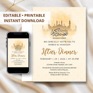 Invitation Golden Silhouette Mosque Geometric Iftar Dinner