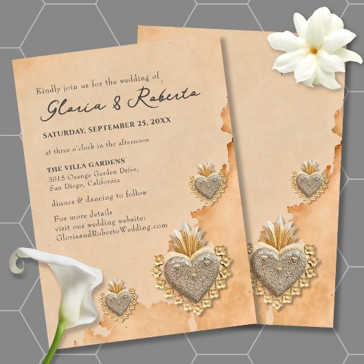 Invitation Golden Silver Milagros Coeur Mariage mexicain