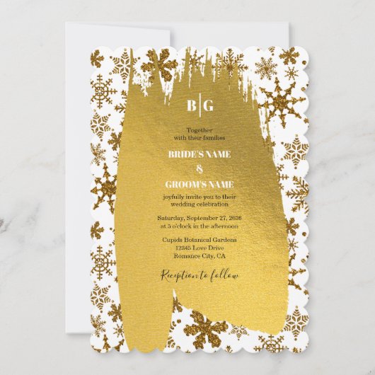 Invitation Golden Snowflakes Festive Mariage de Noël (Devant)