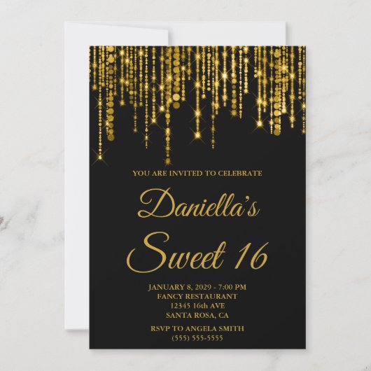 Invitation Golden Sparkly String Lights Black Sweet 16 (Devant)