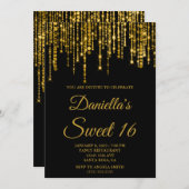 Invitation Golden Sparkly String Lights Black Sweet 16 (Devant / Derrière)