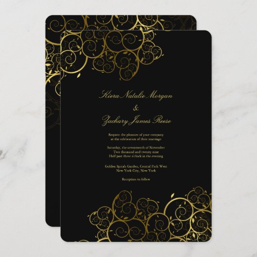 Invitation Golden Spirals Vine Classy Black Wedding Invitatio (Devant / Derrière)