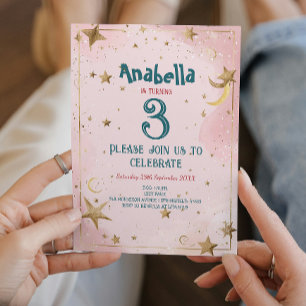 Invitation Golden Stars et Pink Anniversaire de enfant Party
