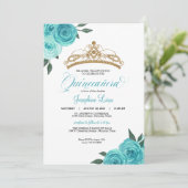 Invitation Golden Tiara Quinceañera Rose turquoise (Debout devant)