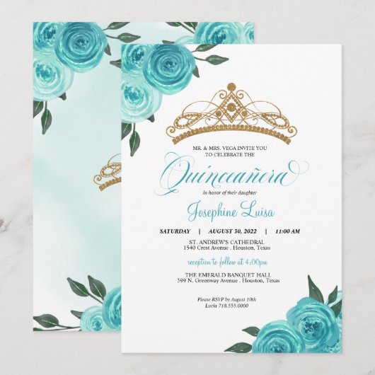 Invitation Golden Tiara Quinceañera Rose turquoise (Devant / Derrière)