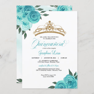 Invitation Golden Tiara Quinceañera Rose turquoise
