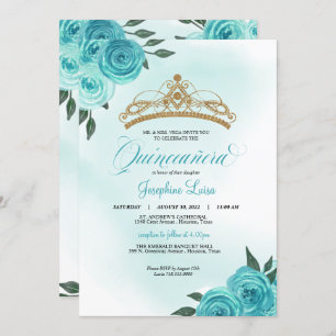 Invitation Golden Tiara Quinceañera Rose turquoise