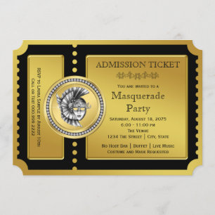 Invitation Golden Ticket Black and Gold Masquerade Party