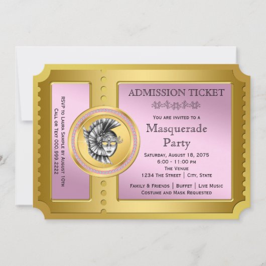 Invitation Golden Ticket Pink et Gold Masquerade Party (Devant)