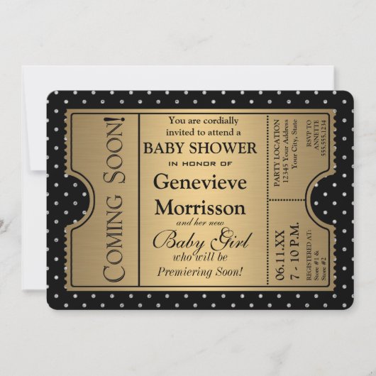 Invitation Golden Ticket Style Black Gold Girl Baby shower (Devant)