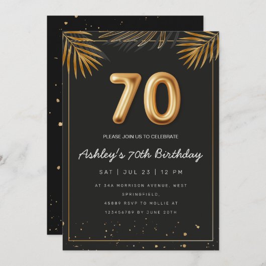 Invitation Golden Tropical Palm Feuille 70e anniversaire (Devant / Derrière)